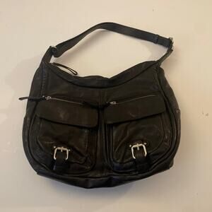 Banana Republic Black Lambskin Crossbody Moto Saddle Purse Bag 12x11x4